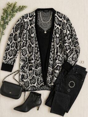 EUC 1.STATE Long Open Front Black and White Animal Print Cardigan, Size S